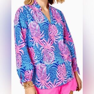 Lilly Pulitzer Sherida Top in Borealis Blue Tropic Down Low Sz XL Blue Pink EUC